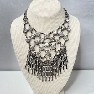 Gun Metal Tone Bib Necklace Open Work Clear Rhinestones On Netting And Fringe